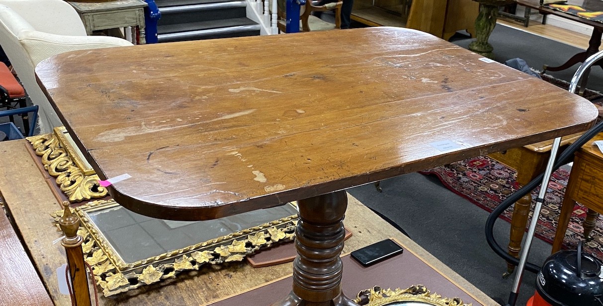 An early Victorian rectangular yew and mahogany tilt top tea table, width 91cm, depth 65cm, height 71cm